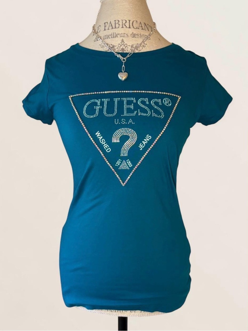 GUESS Y2K Teal Fitted Short-Sleeve Rhinestone Logo Tee - Size M